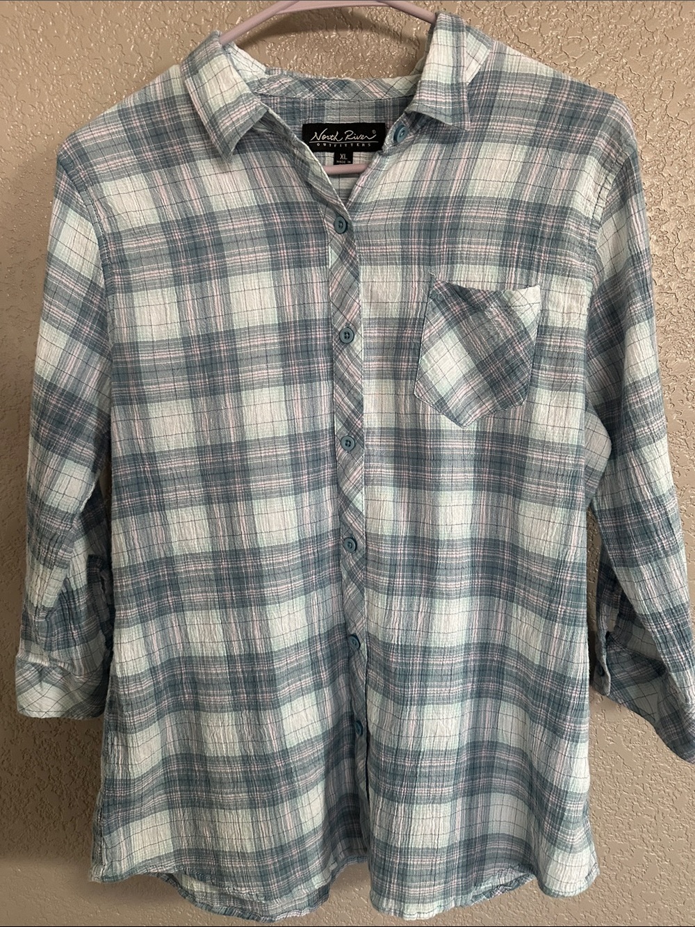 North River Women's Mint Plaid Button-Up Shirt - Classic Collar